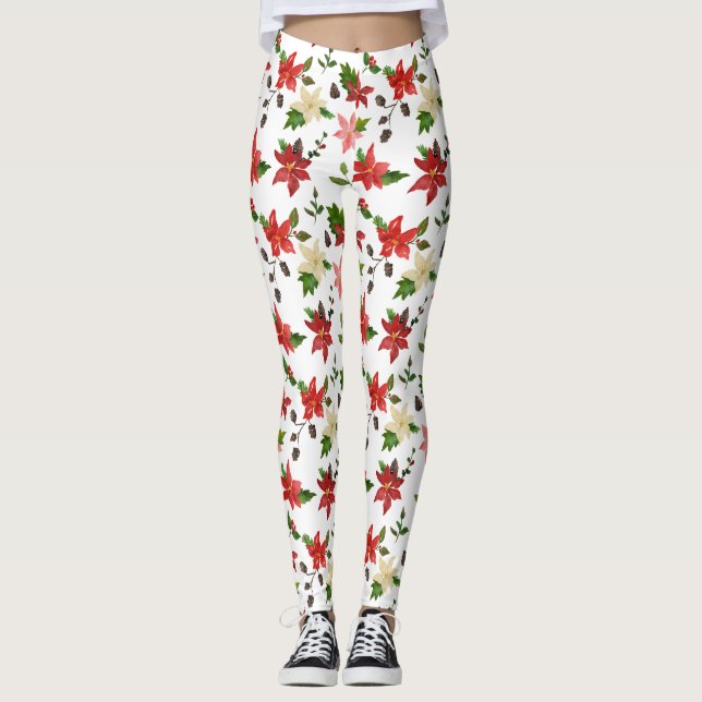 Holiday Poinsettia Red Floral Christmas Pattern  Leggings (Front)