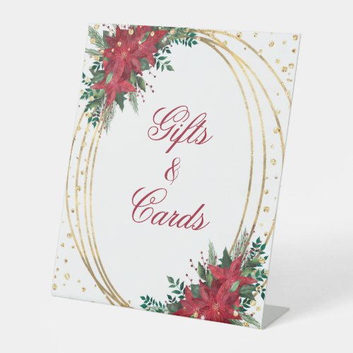 Holiday Poinsettia Red Gold Wedding Gifts  Cards Pedestal Sign