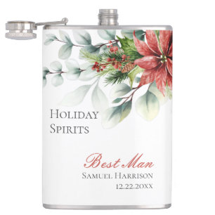 Holiday Poinsettia Wedding Flask for Groomsmen