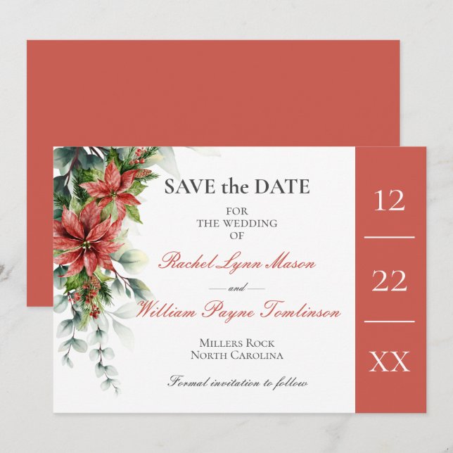 Holiday Poinsettia Wedding Save the Date Card (Front/Back)