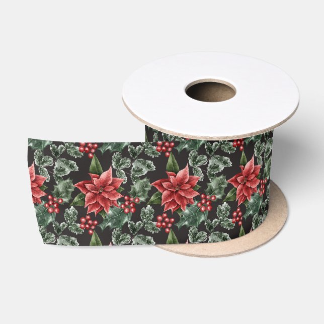 Holiday Poinsettias Holly Berries and Leaves Satin Ribbon (Spool)