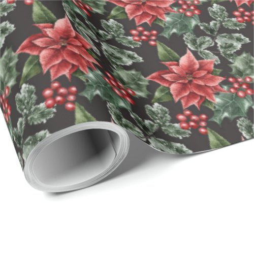 Holiday Poinsettias Holly Berries and Leaves Wrapping Paper