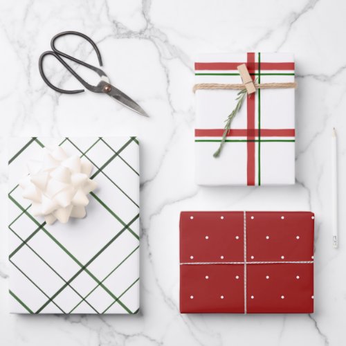 Holiday polka dot and plaid patterns red green wrapping paper sheets