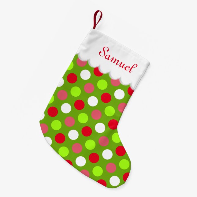 Holiday Polka Dots Personalized Small Christmas Stocking (Front (Hanging))