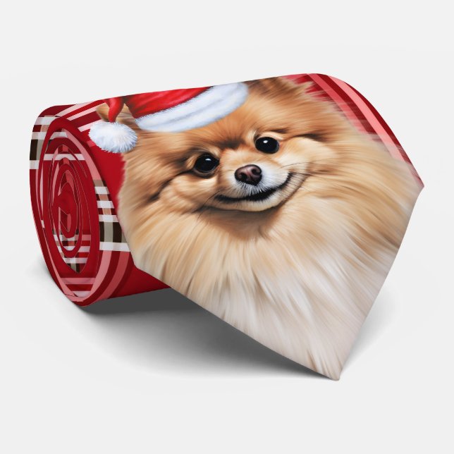 Holiday Pomeranian Dog Red Plaid Christmas Neck Tie (Rolled)