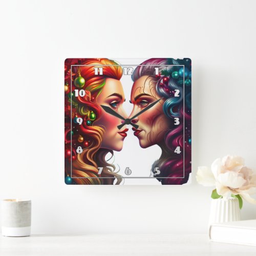 Holiday Portrait of Two Women Square Wall Clock