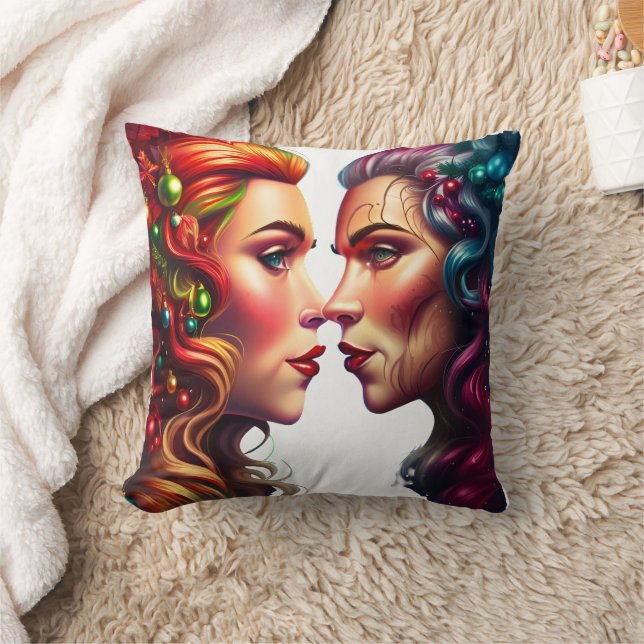 Holiday Portrait of Two Women Throw Pillow (Blanket)