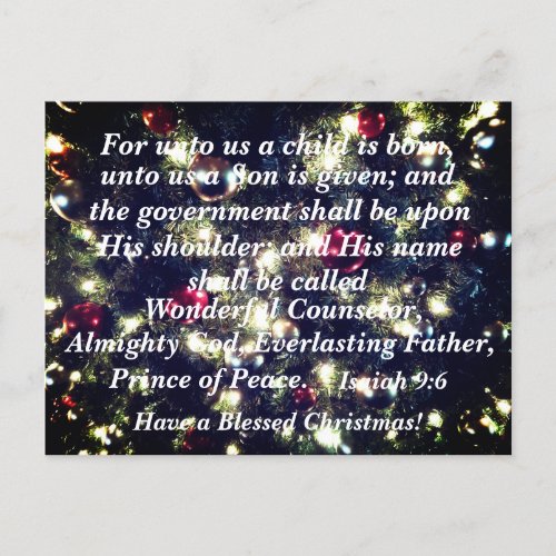 Holiday Postcard _ Isaiah 96 For unto us a child 