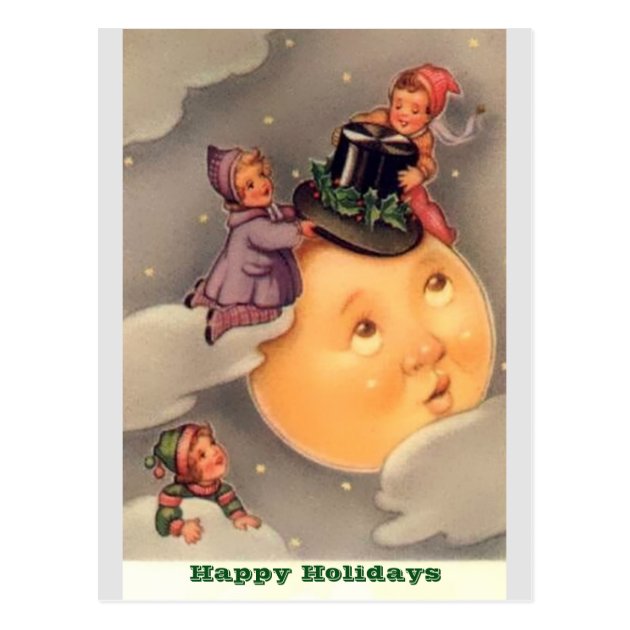 Holiday Postcards: Vintage Whimsical Moon & Kids Postcard