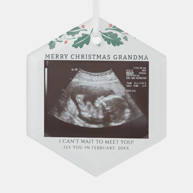 Holiday Pregnancy Announcement Baby Scan Grandma Glass Ornament (Front)