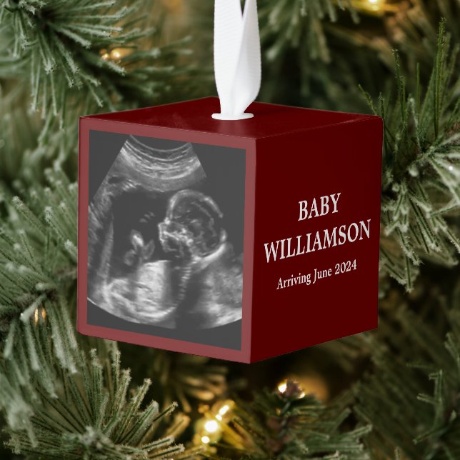 Holiday Pregnancy Announcement Ultrasound Photo Cube Ornament (Tree)