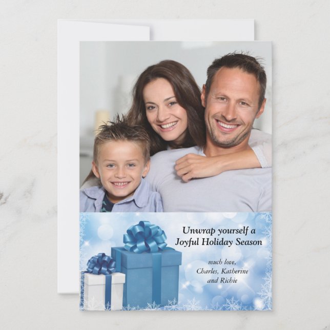 Holiday Presents Blue Photo Card (Front)