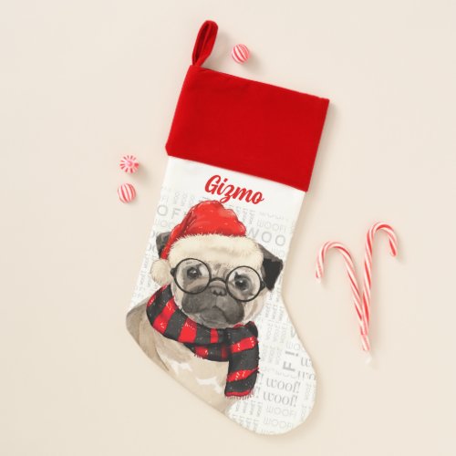 Holiday Pug Dog in a Santa Hat with Name Christmas Stocking