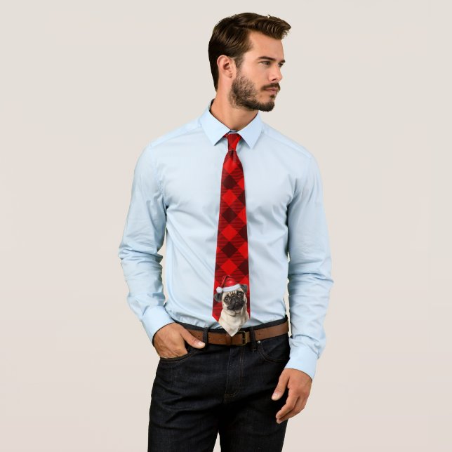 Holiday Pug Dog Red Buffalo Plaid Christmas Neck Tie (In Situ)