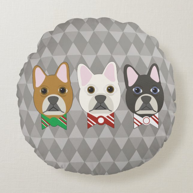 Holiday Pups Gray Diamond Round Pillow (Front)