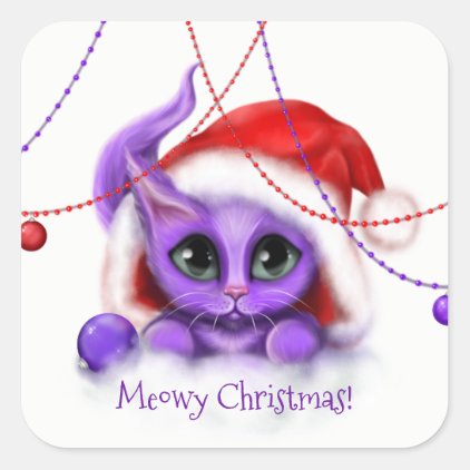 Holiday Purple Kitty Meow Square Sticker