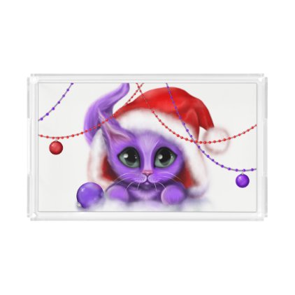Holiday Purple Kitty Santa Hat Acrylic Tray