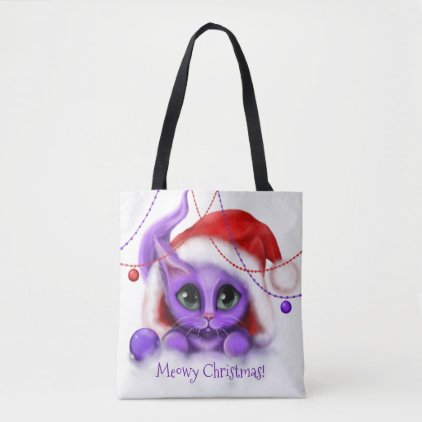 Holiday Purple Kitty with Santa Hat Tote Bag