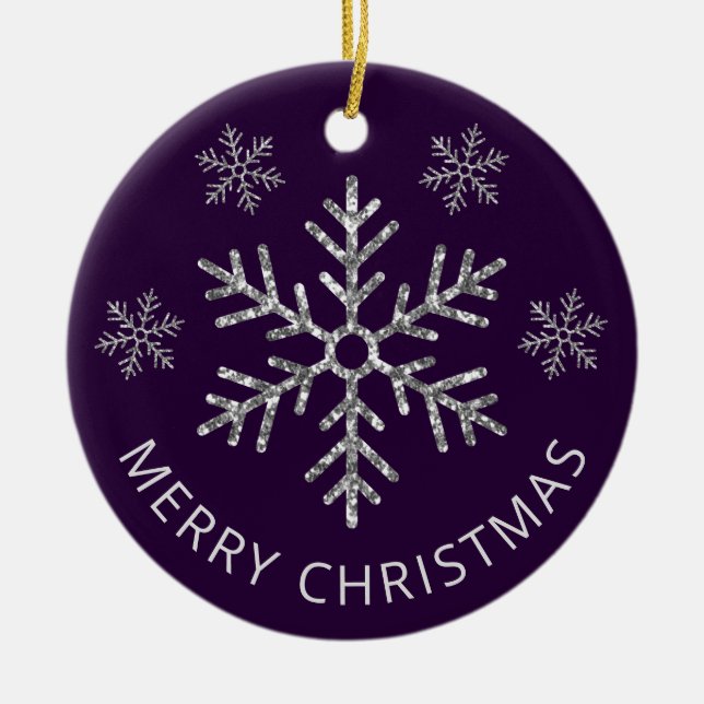 Holiday Purple  Silver Glitter Christmas Snowflake Ceramic Ornament (Front)