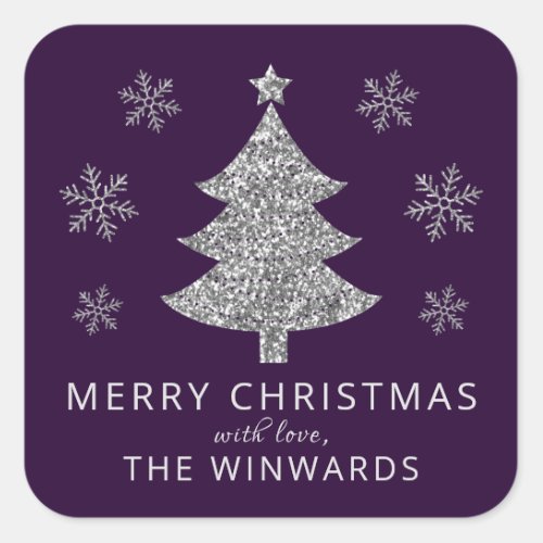 Holiday Purple  Silver Glitter Christmas Tree Square Sticker