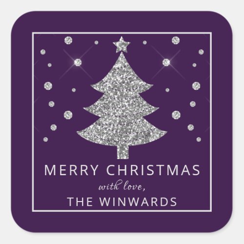 Holiday Purple  Silver Glitter Christmas Tree Square Sticker