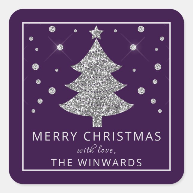 Holiday Purple & Silver Glitter Christmas Tree Square Sticker (Front)