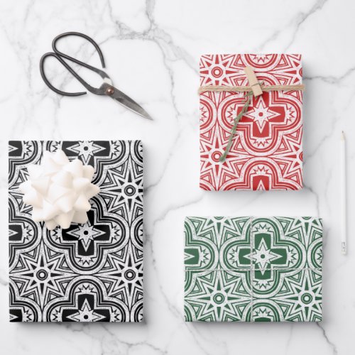 Holiday Quatrefoil in Red Green and Black Wrapping Paper Sheets
