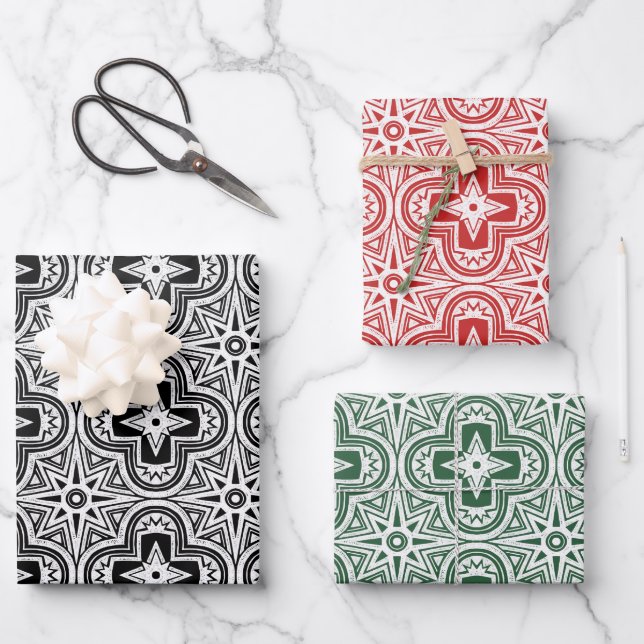 Holiday Quatrefoil in Red, Green and Black Wrapping Paper Sheets (Front)