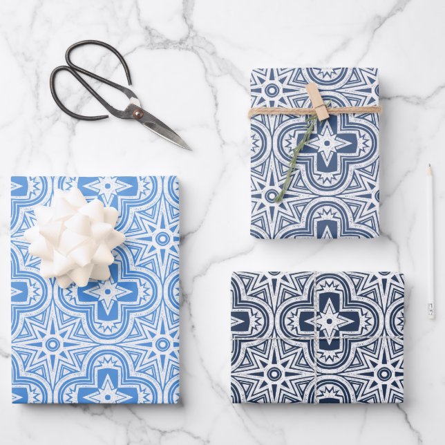 Holiday Quatrefoil in Shades of Blue Wrapping Paper Sheets (Front)