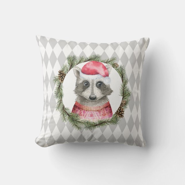 Holiday Raccoon and Pastel Gray Harlequin Pattern Throw Pillow (Front)