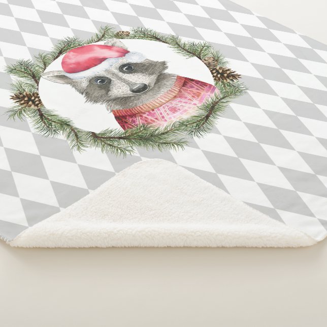 Holiday Raccoon with Pastel Gray Harlequin Pattern Sherpa Blanket (3/4)