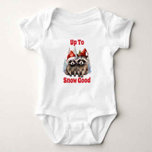 Holiday Raccoons Up To Snow Good Baby Bodysuit (Front)