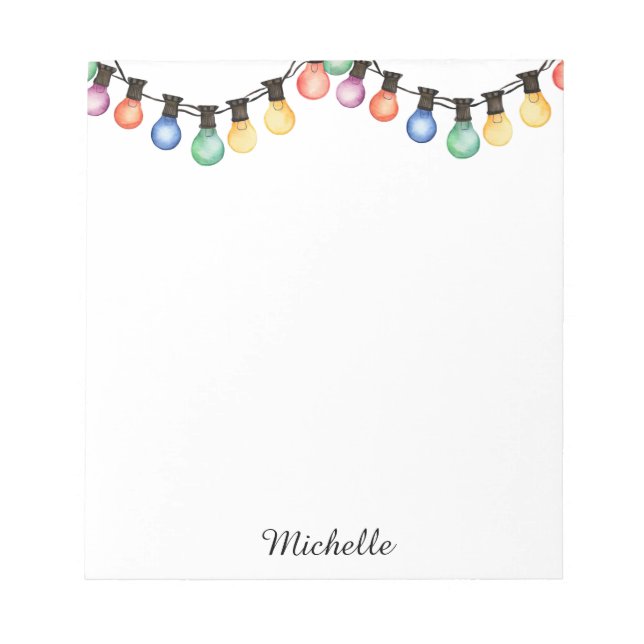 Holiday Rainbow Christmas lights Personalized Name Notepad (Front)