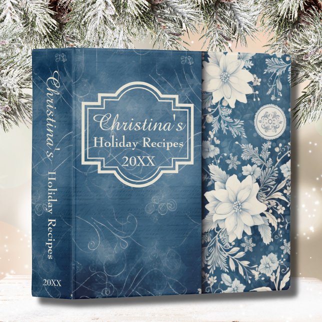 Holiday Recipe Cookbook Floral Poinsettia Custom 3 Ring Binder (Holiday Christmas Recipe Cookbook Binder in Vintage Blue, Soft White Poinsettias with Custom Name.)