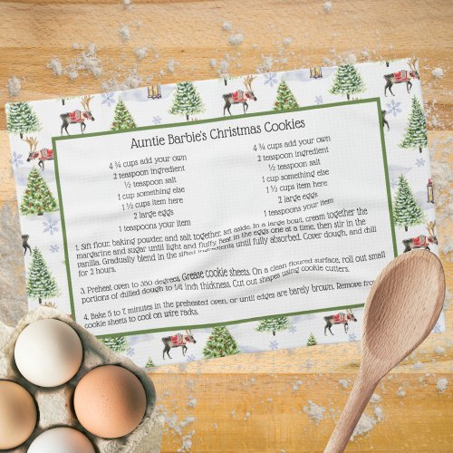 Holiday Recipe Watercolor Reindeer Christmas Tree Kitchen Towel