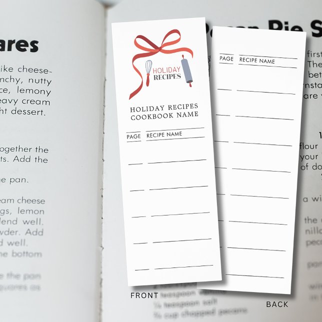 Holiday Recipes Cookbook Page Numbers Bookmarks (Holiday Recipes Cookbook Page Numbers Red Bow Whisk and Rolling Pin Logo)