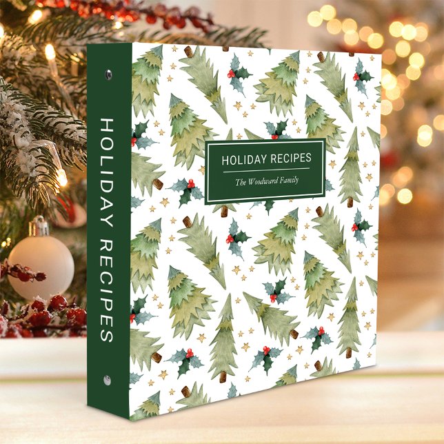 Holiday Recipes Watercolor Tree Pattern Green 3 Ring Binder (Creator Uploaded)