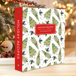 Holiday Recipes Watercolor Tree Pattern Red Green 3 Ring Binder