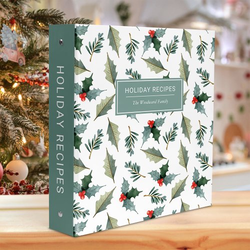 Holiday Recipes Watercolor Winter Foliage Pattern 3 Ring Binder