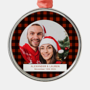 Holiday red and black plaid Newly wed Metal Ornament