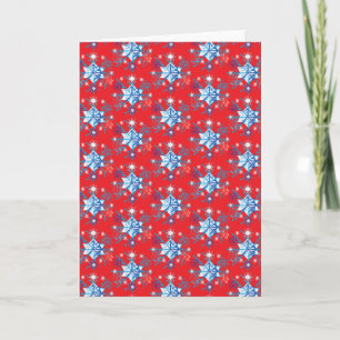 Holiday red and blue snowflakes and stars card