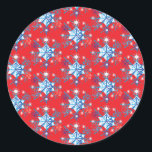 Holiday red and blue snowflakes and stars classic round sticker<br><div class="desc">Holiday red and blue snowflakes and stars pattern. 
Need more? Check out other holiday designs at my store! Cheers! :)</div>