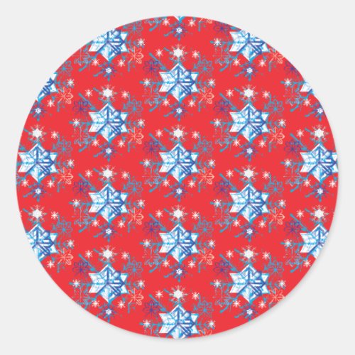 Holiday red and blue snowflakes and stars classic round sticker