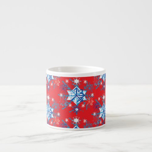 Holiday red and blue snowflakes and stars espresso cup