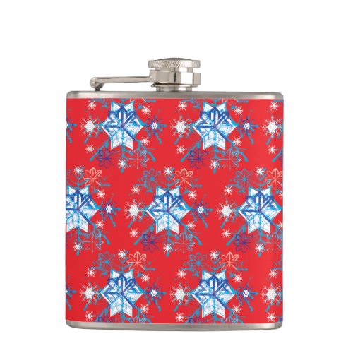 Holiday red and blue snowflakes and stars hip flask