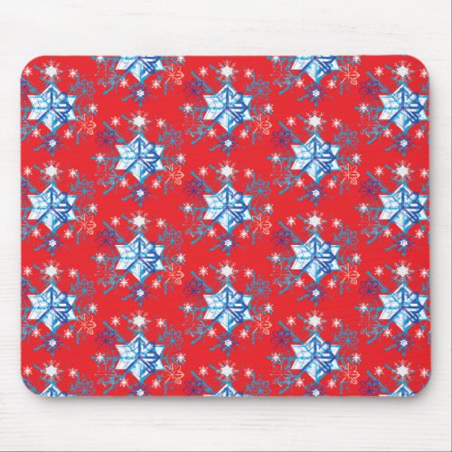 Holiday red and blue snowflakes and stars mouse pad