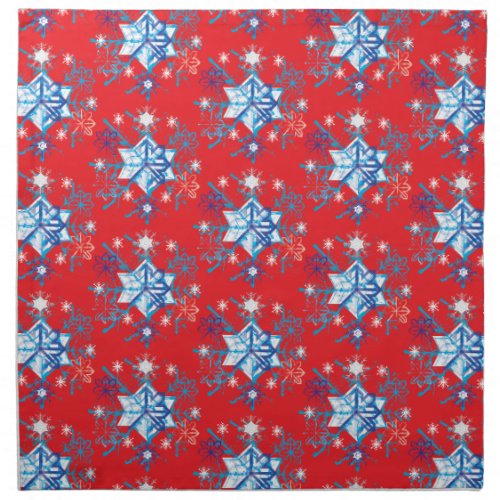 Holiday red and blue snowflakes and stars napkin