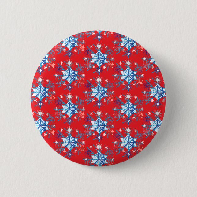 Holiday red and blue snowflakes and stars pinback button (Front)