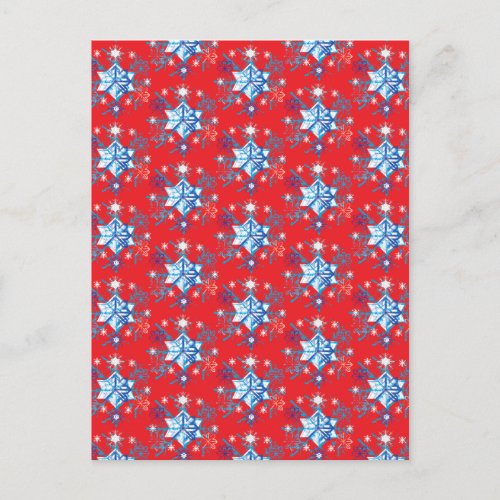 Holiday red and blue snowflakes and stars postcard