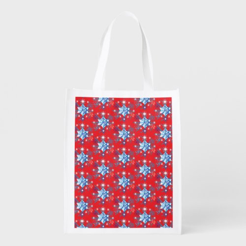 Holiday red and blue snowflakes and stars reusable grocery bag